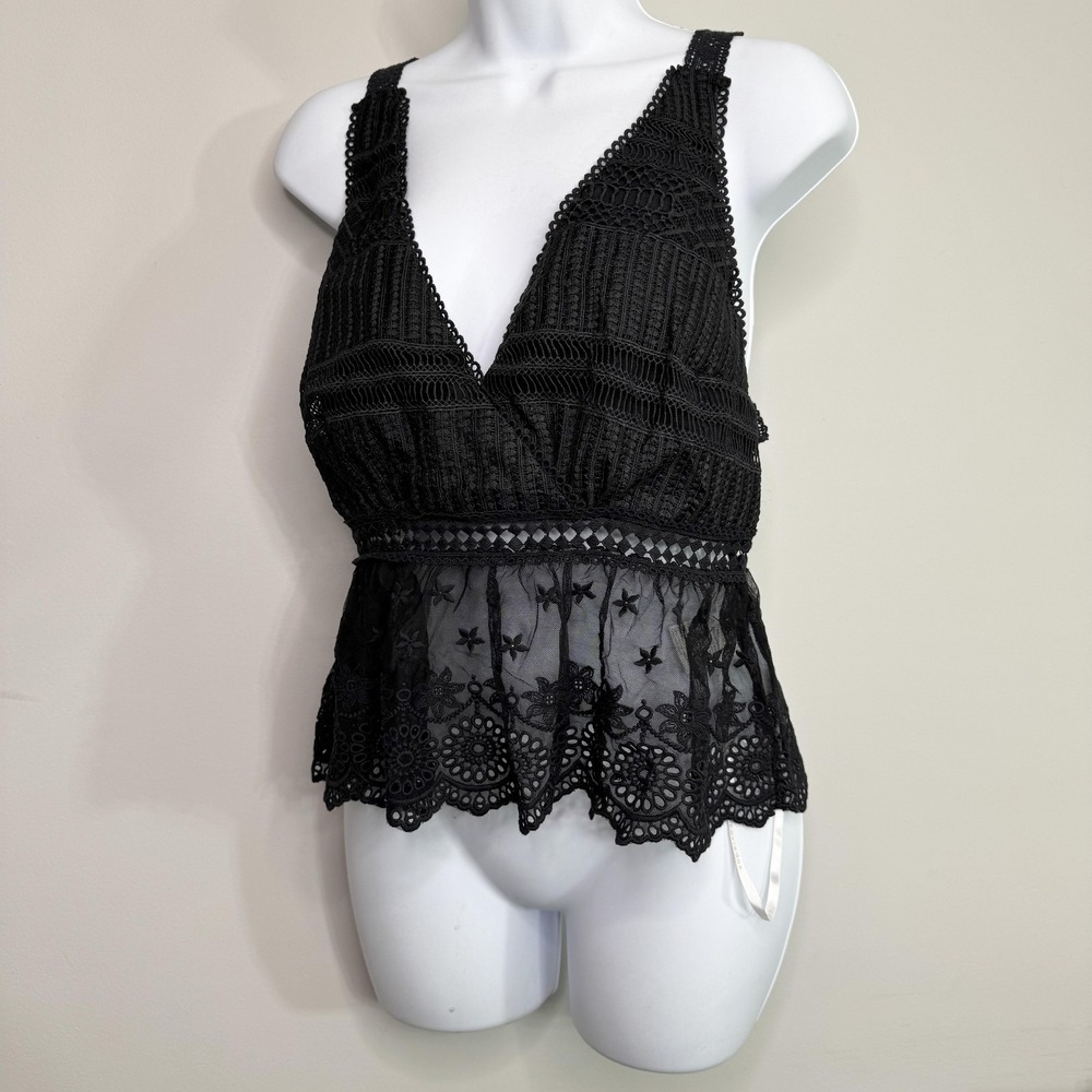 Foxiedox Tank Top Womens Large Black Crochet Lace Floral Festival Sheer Cami NWT